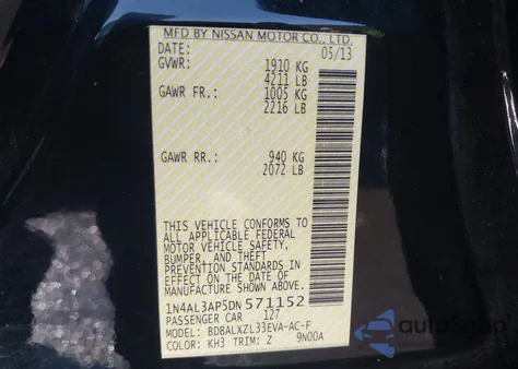 2013 Nissan Altima 2.5 Sl из США, поврежденный, VIN 1N4AL3AP5DN571152